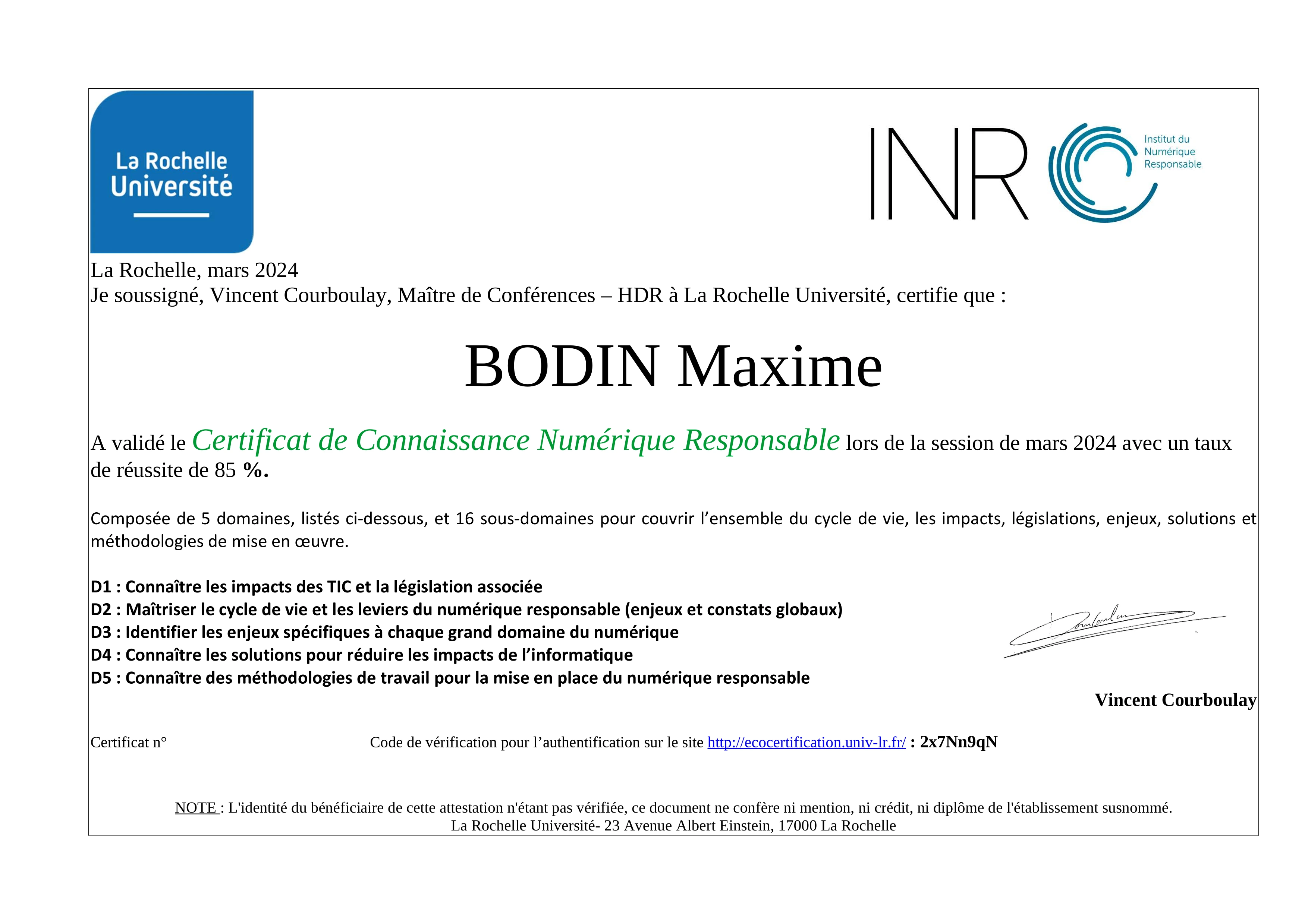 Certificat de Connaissance Numérique Responsable Certificat de Connaissance Numérique Responsable